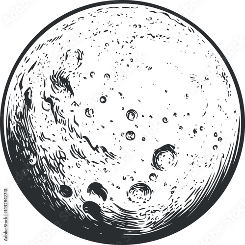 Detailed black and white illustration of the moon showing craters and surface texture in a celestial space context.