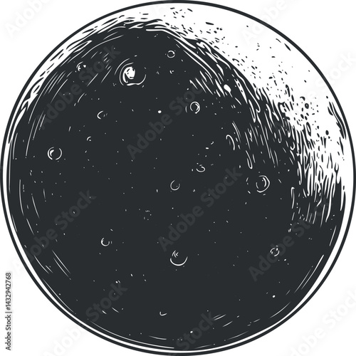 Black and white detailed illustration of the moon showing craters and shadows in a circular shape.