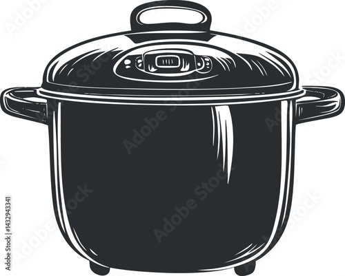 Black and white illustration of a pressure cooker with lid and handles for kitchen cooking