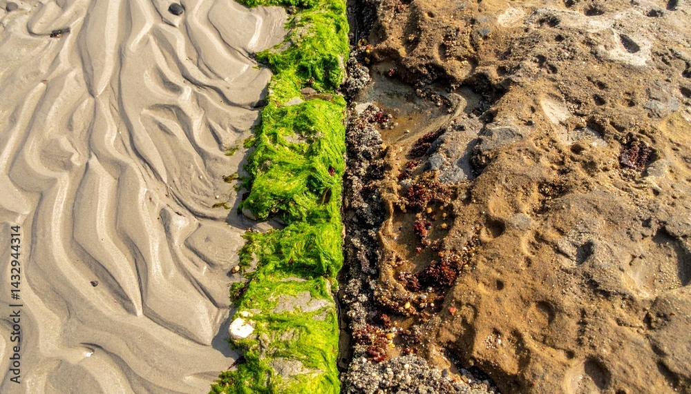 Closeup of a tidepool showing textured sand ripples, bright green seaweed, and rough rock, highlighting natural coastal patterns and contrasts.
