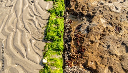 Obraz na płótnie Closeup of a tidepool showing textured sand ripples, bright green seaweed, and rough rock, highlighting natural coastal patterns and contrasts. w salonie