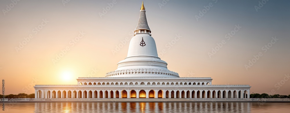 Fototapeta premium Tranquil Buddhist Stupa at Asalha Puja Celebration with Serenity and Minimalist Aesthetic in Soft Golden Light