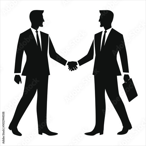 Two businessmen in formal suits are depicted in vector silhouette, shaking hands against a white background./Businessmen shaking hands in silhouette, professional partnership..