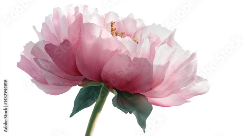 A delicate pink peony flower with soft petals and lush green leaves against a light background, showcasing nature's beauty and elegance.