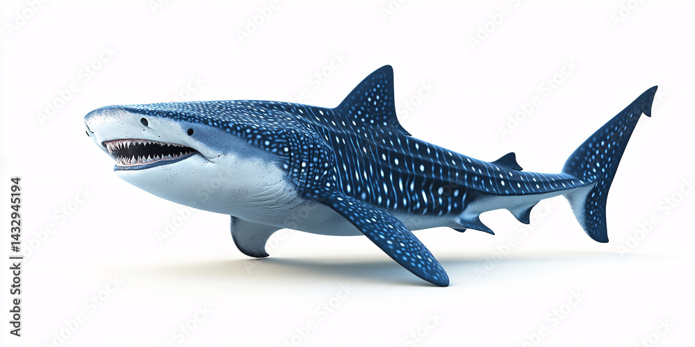 Naklejka premium A stunning 3D render of a whale shark, showcasing its immense size and unique spotted pattern against a white backdrop.