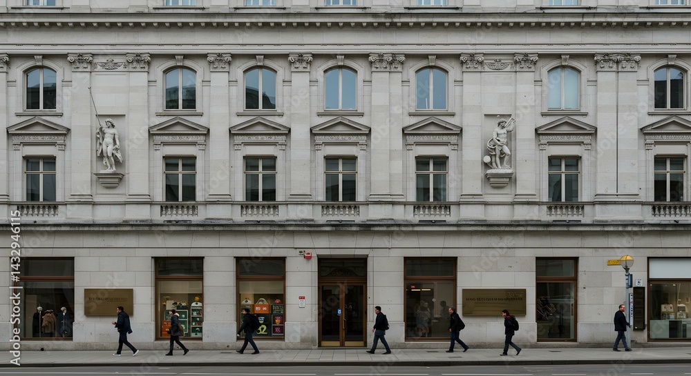 Obraz premium White neoclassical city building facade with uniform windows and retail stores at base.