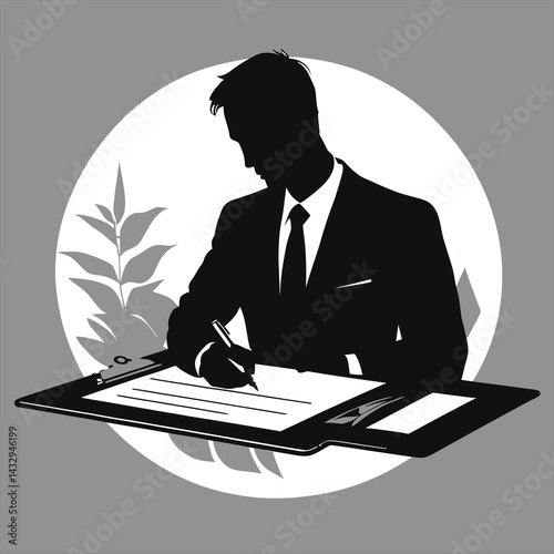Vector  Silhouette Businessman Signing a Document/A grayscale silhouette of a businessman in a suit, seated at a desk, actively signing a document.