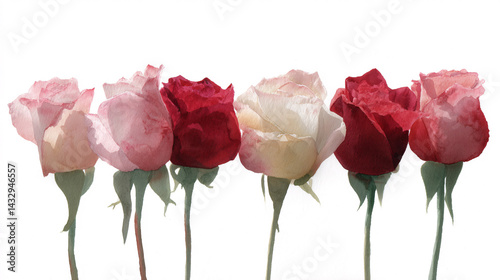 A delicate arrangement of pink and red roses, showcasing their beauty and freshness against a soft background.