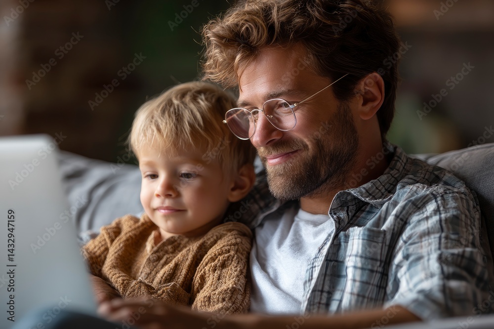 Father and Child Looking at Laptop Screen Together Father and Child Looking at Laptop Screen Together