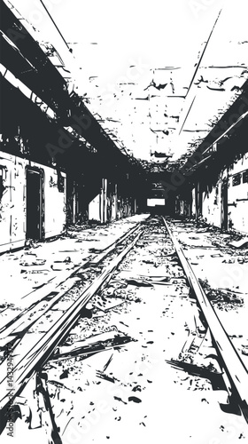 Black and white high contrast image of abandoned railroad tracks inside a ruined industrial building with debris and decay