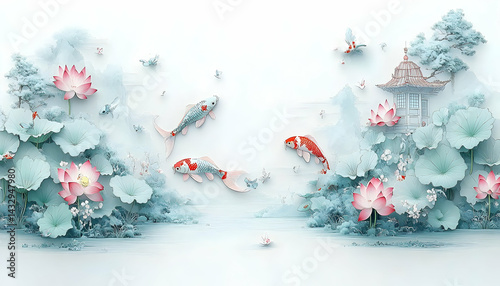 Serene underwater scene featuring colorful koi fish swimming among pink lotus flowers and tranquil surroundings
