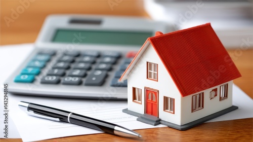 Detailed image of a miniature house model with red roof placed on a desk alongside a calculator and pen, representing real estate, housing, and property concepts