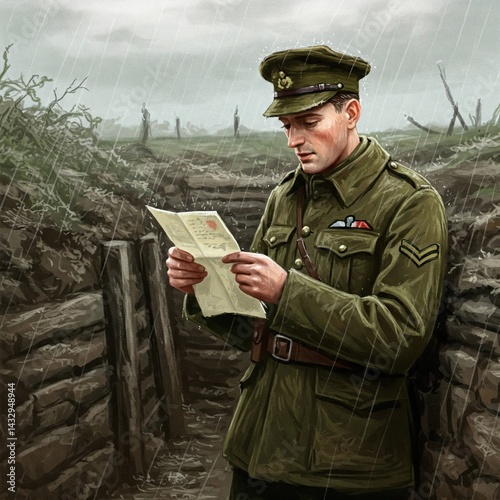 Emotional Moment with Letter in War Zone