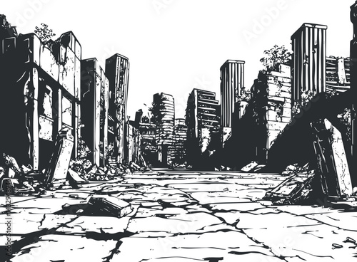 Black and white illustration of a cracked, abandoned city street surrounded by ruined buildings in a post-apocalyptic setting.