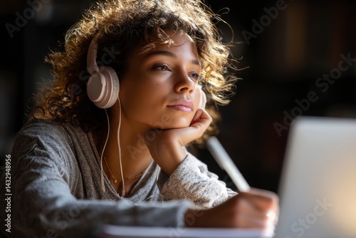 Woman Listening to Music and Writing