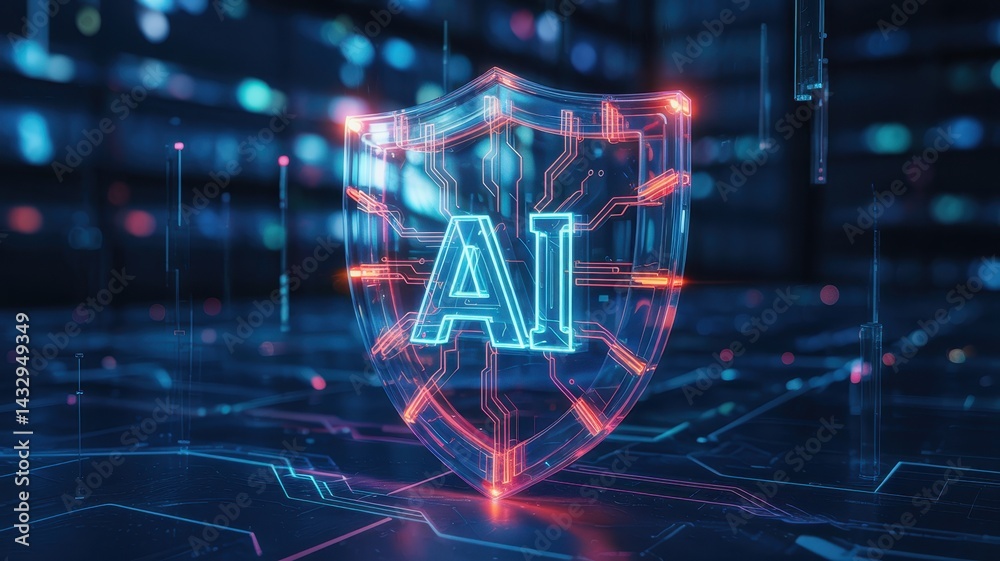 Futuristic digital shield displaying artificial intelligence protection.