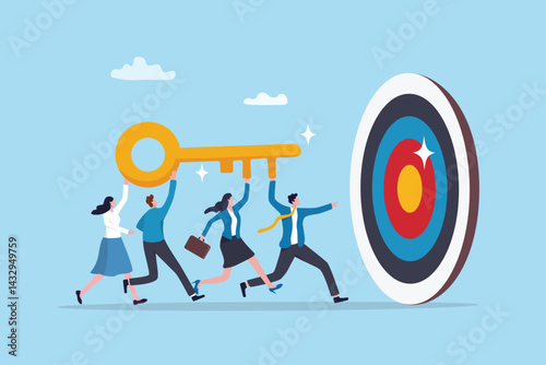 Key to success, team working together as teamwork to achieve goal or target, unlock career opportunity, solution or winning business planning concept, business people carry golden key to success.