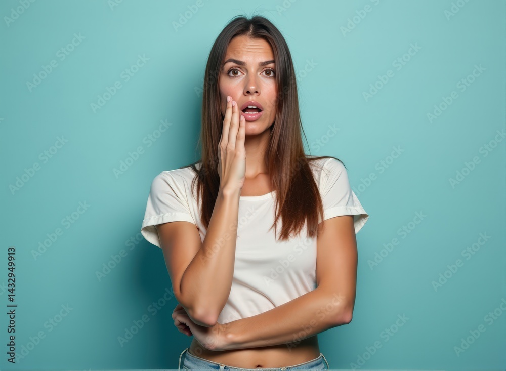 custom made wallpaper toronto digitalA woman with medium skin and straight hair, wearing casual clothes, expressing confusion, standing in front of a pastel blue background with soft lighting and shallow depth of field.