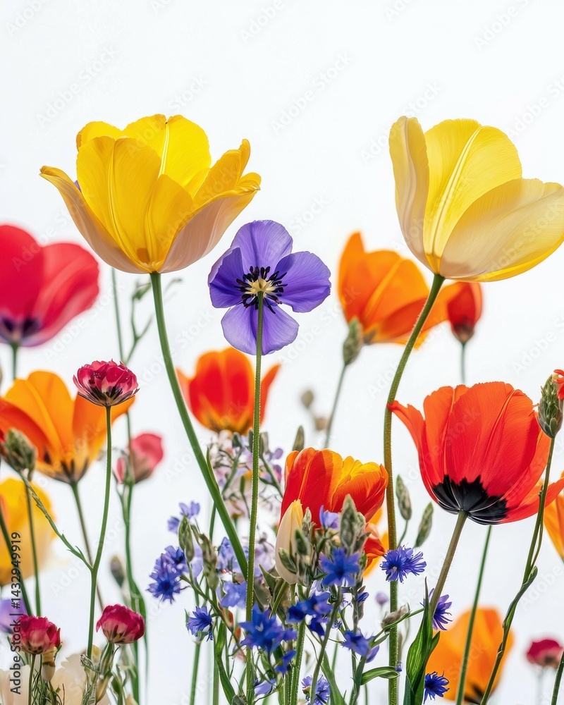 Obraz premium Vibrant Tulip and Wildflower Bouquet: Colorful Mix on White