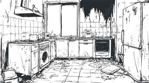Black and white sketch of an old abandoned kitchen with broken appliances and peeling walls