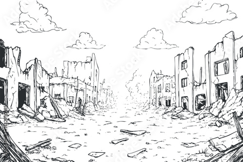 Black and white sketch of a destroyed city street with ruined buildings and debris under cloudy sky