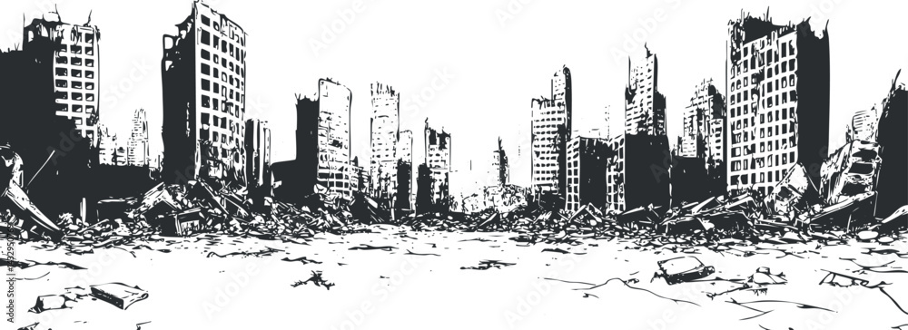 Obraz premium Black and white illustration of a destroyed city with ruined buildings and debris in an urban post-apocalyptic setting.