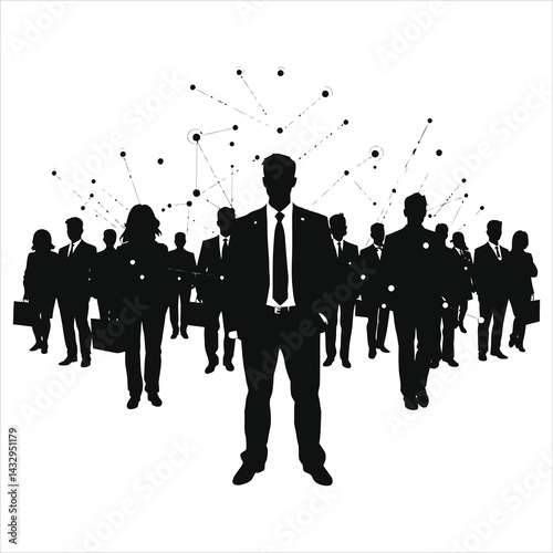 A powerful Vector silhouette of a diverse group of business professionals, connected by a network graphic./Connected Business Team Silhouette, Representing Teamwork and Collaboration