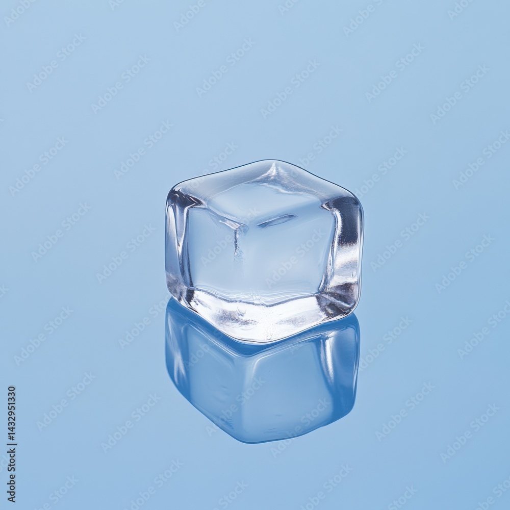 Clear ice cube on blue background