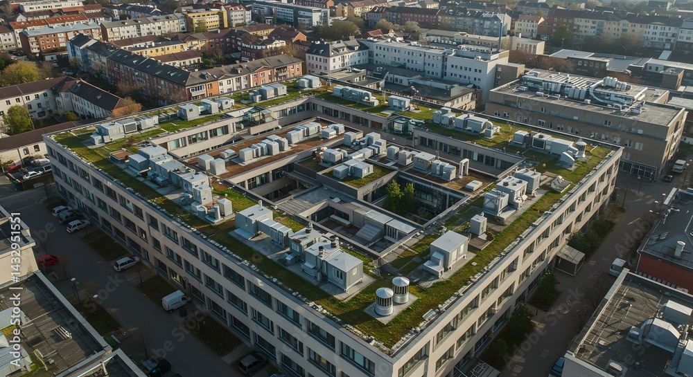 Fototapeta premium Aerial cityscape of suburban residential blocks with uniform design and green spaces.