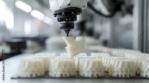 A robotic arm in a high tech AI controlled factory, assembling 3D-printed aerospace components for spacecraft, Aerospace-tech style