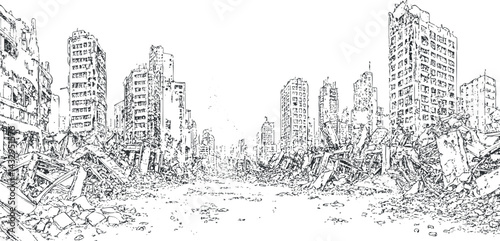 Black and white sketch of a destroyed city street with collapsed buildings and debris