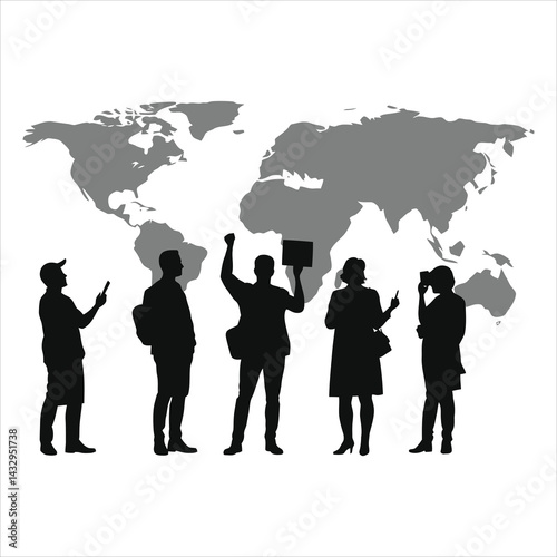Global Collaboration Vector Silhouettes of Diverse Individuals/Silhouettes of five diverse individuals interacting against a world map background..