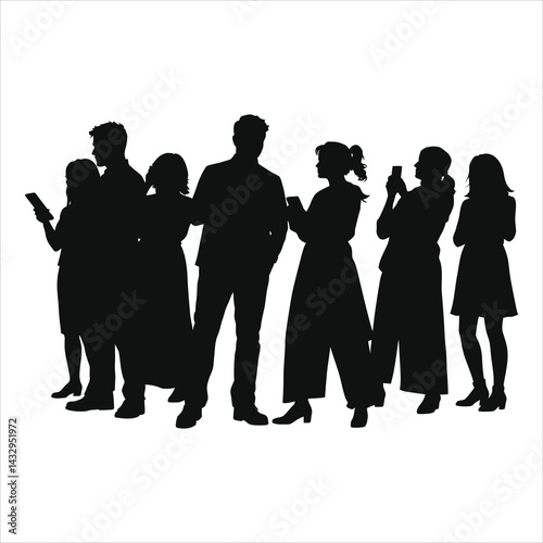 Vector Silhouette of diverse people engaged with mobile devices./A group of men and women are depicted in silhouette, focused on their mobile phones...