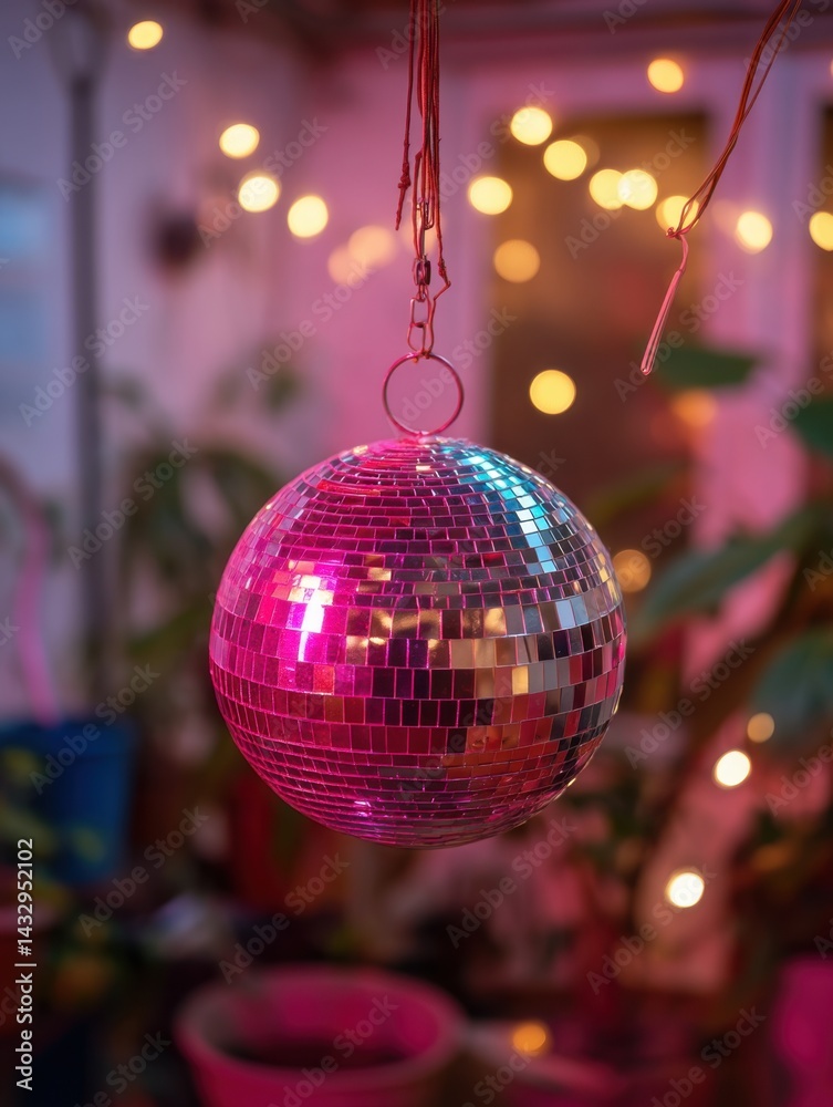 Obraz premium Shimmering disco ball reflecting vibrant pink and blue lights creating a festive atmosphere with plants and bokeh lights in the background for a party vibe