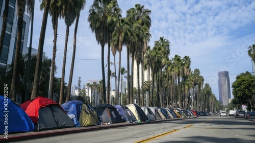 Homeless encampment along a city street lined with palm trees.