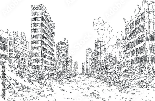 Black and white sketch of a city street with ruined and destroyed buildings after a disaster or war