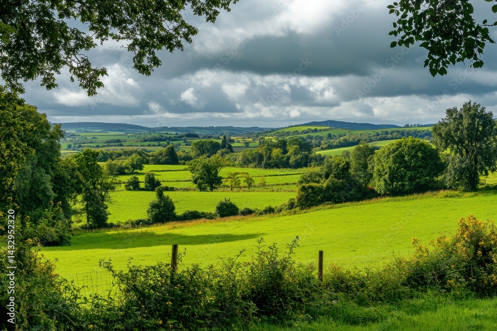 Naklejka premium Valley view in Kilkenny park showcasing lush green landscape and dramatic cloud formations, A beautiful valley in the park Green area Kilkenny Ireland