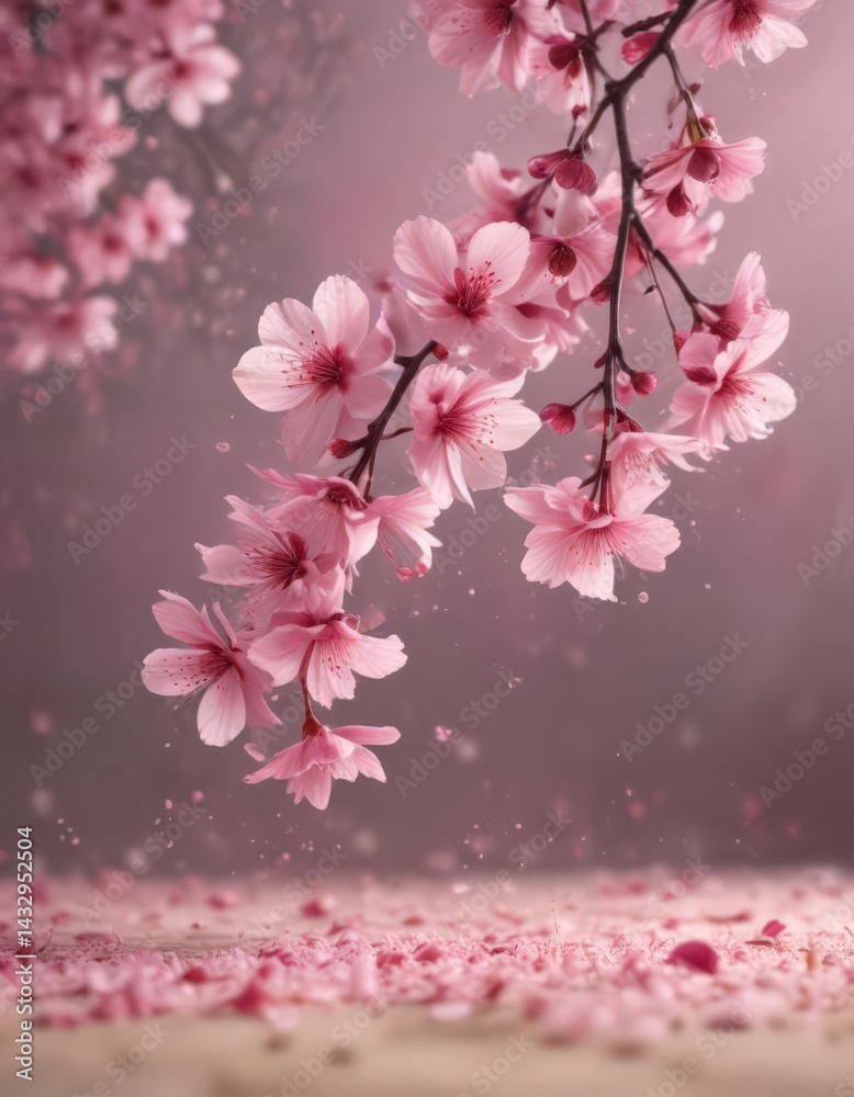 Abstract pink sakura petals gently falling against a dreamy, blurred background  ,  cherry blossom,  pink,  design