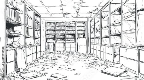 Black and white sketch of an abandoned messy library room with scattered books and papers