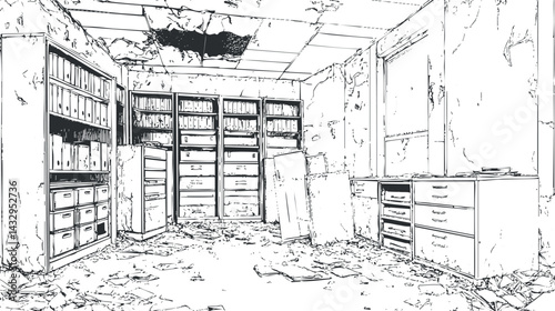 Interior of an abandoned room with damaged ceiling peeling walls and old bookshelves in disrepair