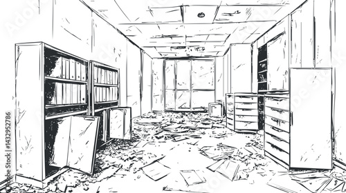 Black and white sketch of an abandoned office room with scattered papers and damaged furniture showing neglect and disorganization.