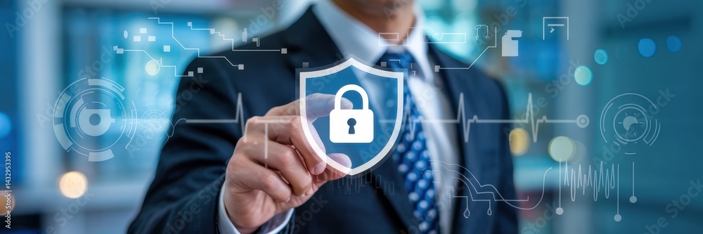 A person interacting with a digital security shield.