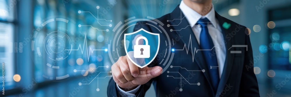 Interactive digital shield with lock graphic.