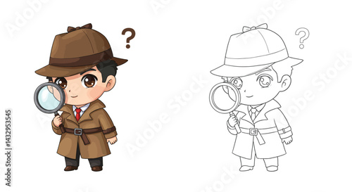 Inquisitive Detective: A cute detective character in trench coat and hat holding magnifying glass for clues and mystery.