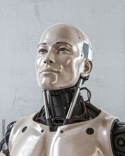 Contemplative humanoid AI bust gazing upward with detailed metallic framework and lifelike synthetic skin against a textured backdrop emphasizing innovation and advanced technology