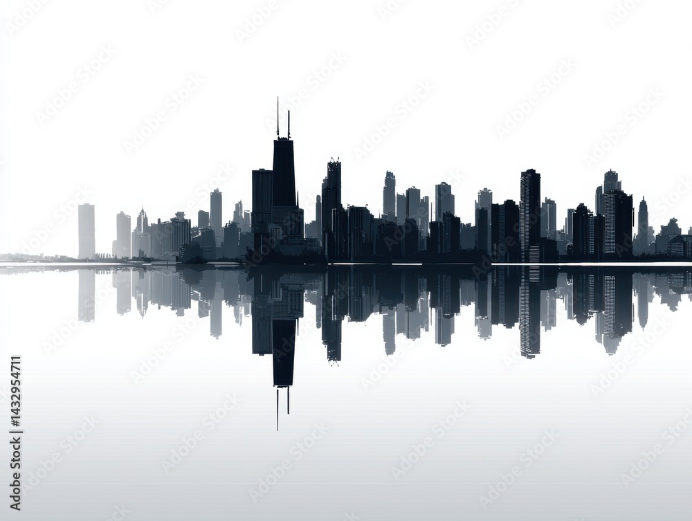 Fototapeta premium Chicago skyline silhouette mirrored in calm water creating a serene urban landscape reflecting architectural grandeur and modern city life in monochrome tones