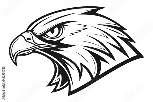 Eagle Head Profile, Black and White Line Art, Sharp Beak, Intense Stare, Bird Portrait