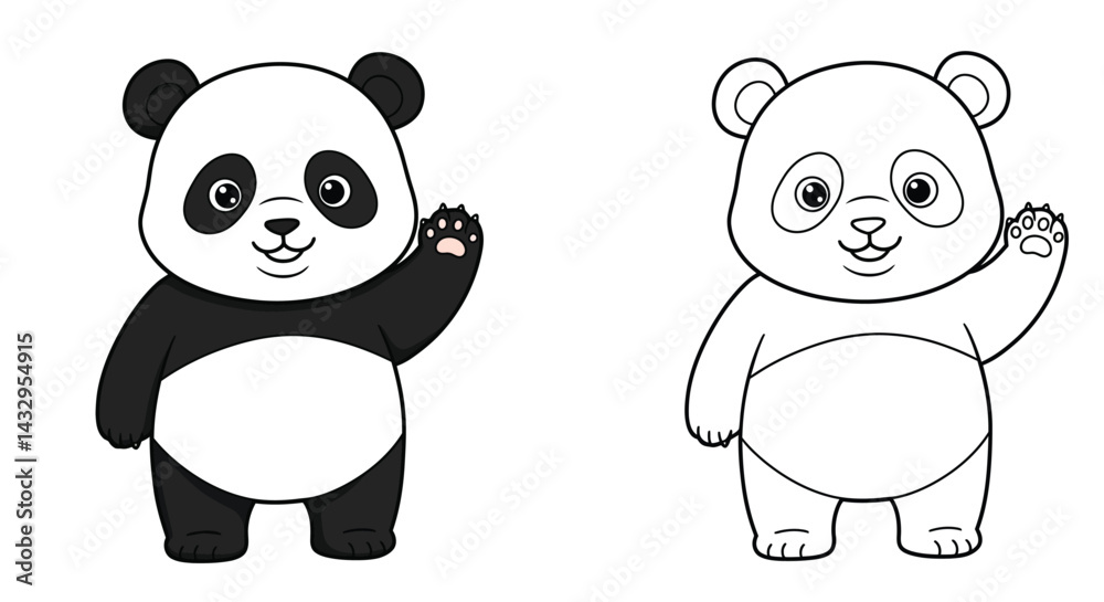 Fototapeta premium Cute Panda Icon Illustration: Adorable panda, a symbol of joy and peace, greets with a cheerful wave, showcasing its iconic black and white features.