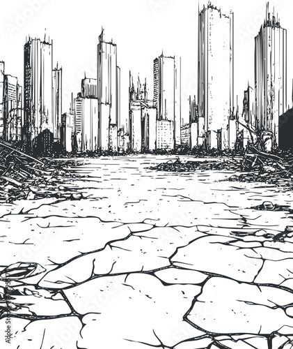 Black and white illustration of a ruined city with cracked ground and destroyed skyscrapers in an apocalyptic scene