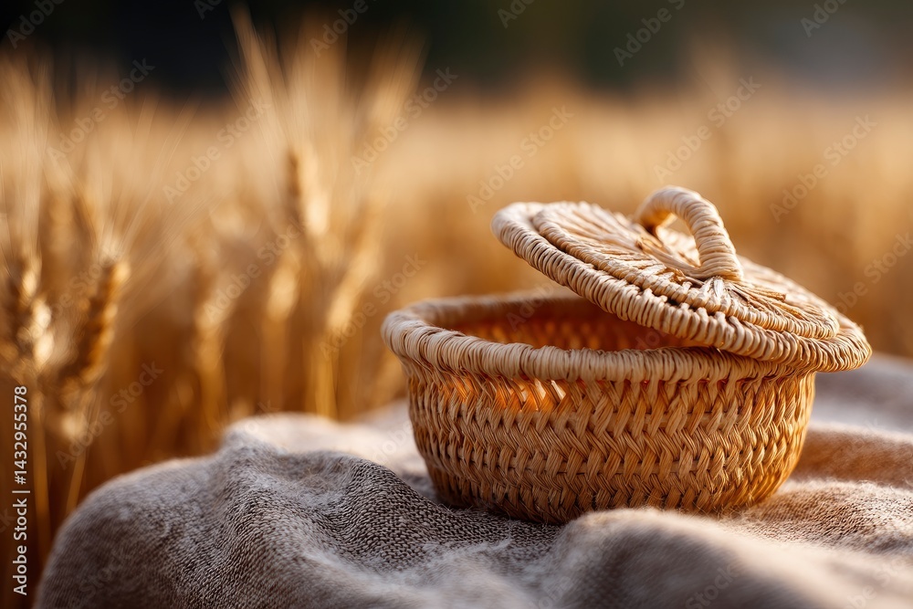 Obraz premium Woven Basket in Field with Golden Wheat and Blanket